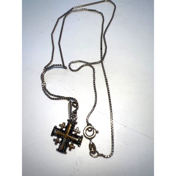 Jerusalem Silver Crusaders Five Cross Pendant Necklace 925 Box Chain 18" Vintage - Picture 5 of 6